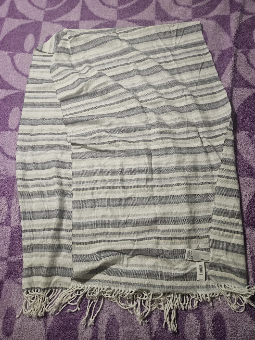 GAP White Gray & Silver Striped Fringe Wrap Scarf